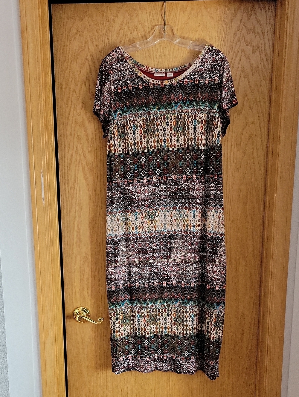 Cato Multicolor Tribal-Print Short Sleeve Midi Dress (Brown, Teal, Pink, Cream)